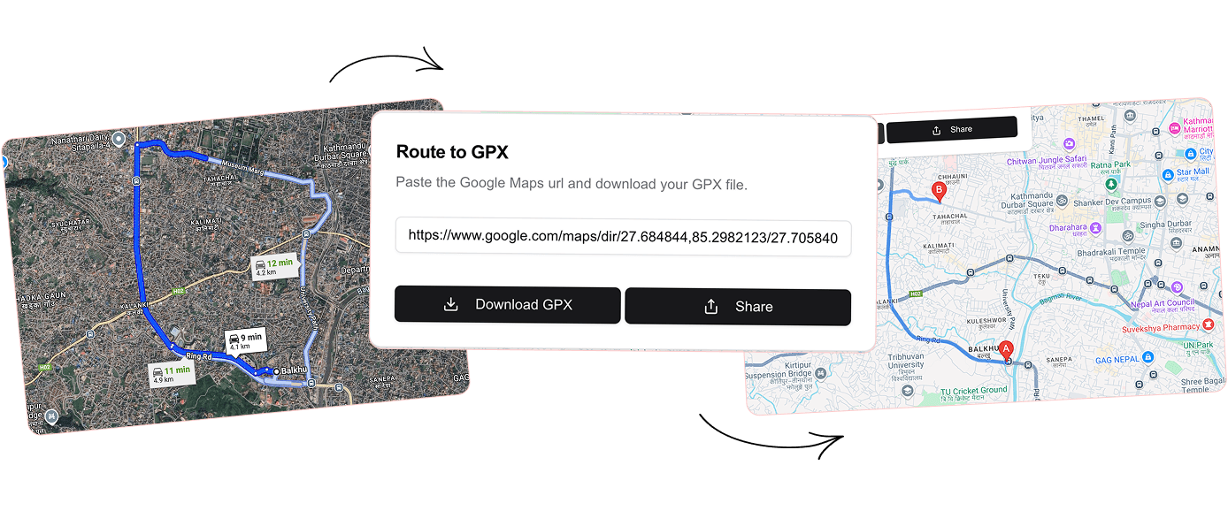 Route To GPX application interface showing Google Maps route conversion